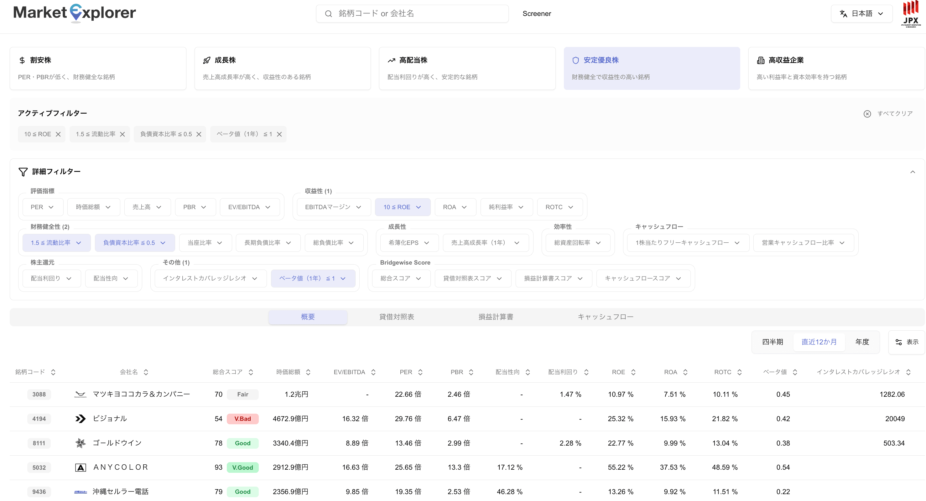 JPX Market Explorer 株式スクリーナー画面